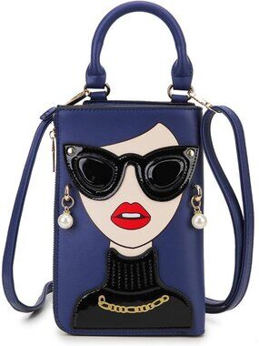 Women Deep Blue Novelty Lady Face PU Leather Shoulder Bag Handle Satchel Clutch